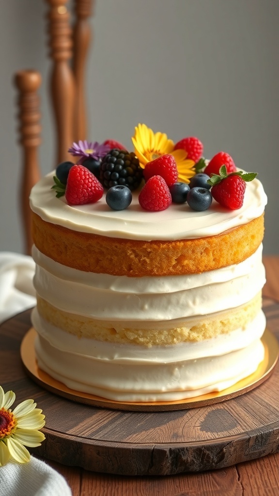 A layered butter yellow cake with buttercream frosting and fresh berries on a wooden table.